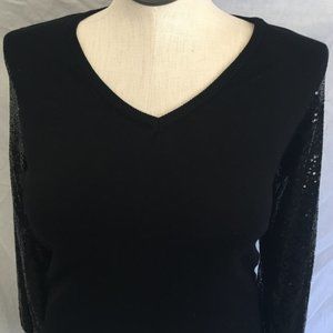 Adrianna Papell Black Blouse with Sequin Sleeves Medium NWT